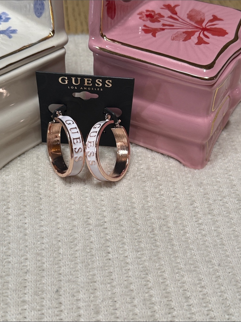 GUESS Gold and White Logo Hoop Earrings